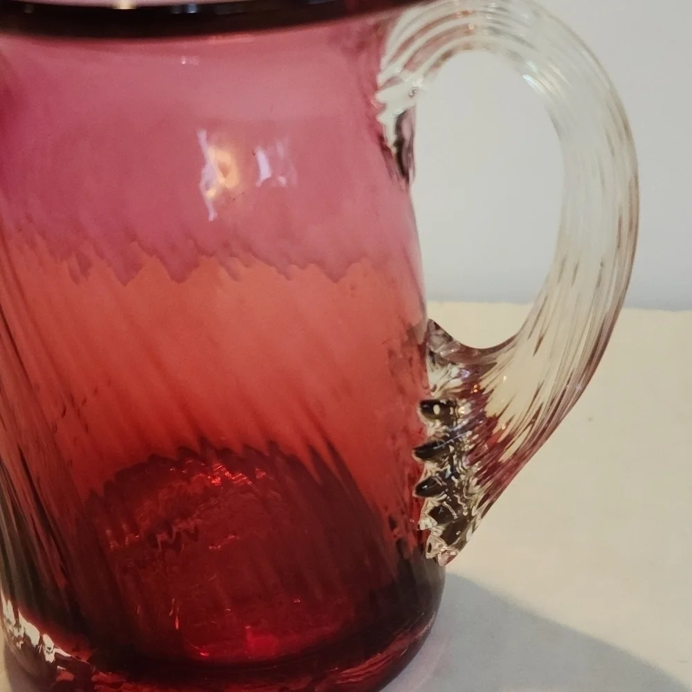 Hand Blown Cramberry Glass Creamer Syrup Pink Small Pitcher Swirl Optic